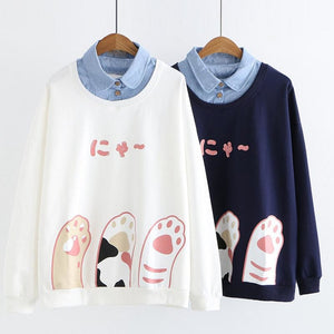 Japanese Put Cat Paw Up Fake Two-Piece Sweatshirt