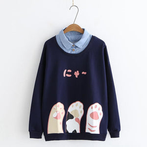 Japanese Put Cat Paw Up Fake Two-Piece Sweatshirt Blue / M