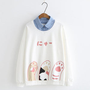 Japanese Put Cat Paw Up Fake Two-Piece Sweatshirt White / M