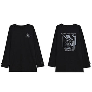 Japanese Reflective Print Buckle Oversized Sweatshirt J40235 Black / S