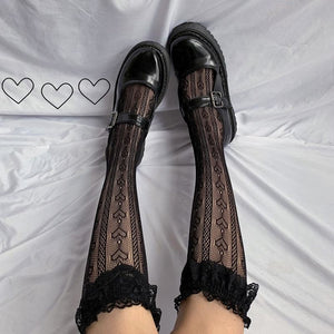 Jk Lace Love Embroidery Lolita Calf Length Socks Women Stockings Japanese Black / One Size