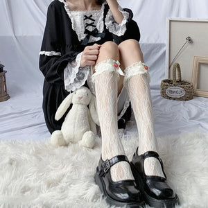 Jk Lace Strawberry Lolita Calf Length Socks Cute Women Stockings Japanese Beige / One Size