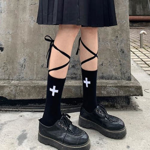 Jk Socks Tied Strip Thin Summer Kawaii Black Cross / One Size Stockings&socks