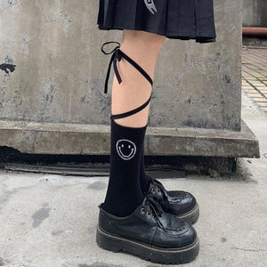 Jk Socks Tied Strip Thin Summer Kawaii Black Face / One Size Stockings&socks
