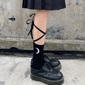 Jk Socks Tied Strip Thin Summer Kawaii Black Moon / One Size Stockings&socks