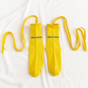 Jk Socks Tied Strip Thin Summer Kawaii Yellow With Word / One Size Stockings&socks