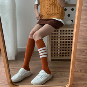 Jk Stockings Solid Color Stripe Socks Calf Length Orange / One Size Stockings&socks