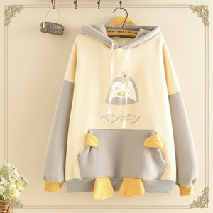 Kawaii Cartoon Penguin Brushed Hoodie Gray / One Size Sweatshirt