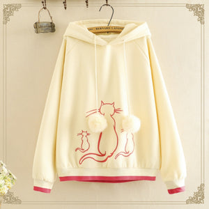 Kawaii Cat Embroidery Brushed Hoodie Beige / One Size Sweatshirt