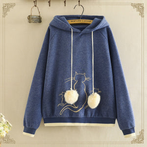 Kawaii Cat Embroidery Brushed Hoodie Blue / One Size Sweatshirt