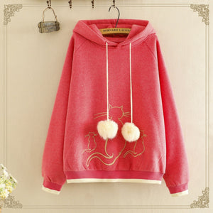 Kawaii Cat Embroidery Brushed Hoodie Red / One Size Sweatshirt