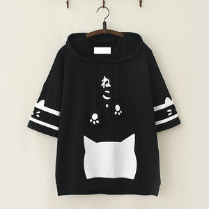 Kawaii Cat Paw Drawstring Summer Hooded T-Shirt J20090 Black / L T-Shirt