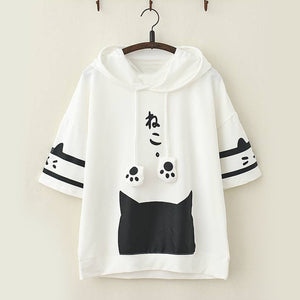 Kawaii Cat Paw Drawstring Summer Hooded T-Shirt J20090 White / M T-Shirt