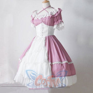 Lace Ball Gown Medieval Dress Gothic Palace Princess Lolita Women Retro Cosplay J30087 Pink / S