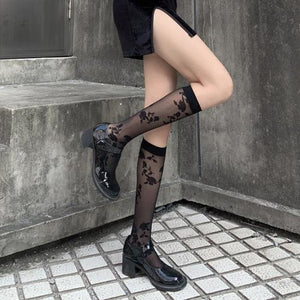 Lace Stockings Jk Socks Calf Length Black White Rose Silk / One Size Stockings&socks