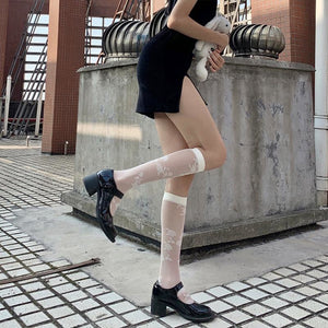 Lace Stockings Jk Socks Calf Length Black White Rose Silk Stockings&socks