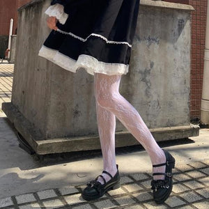 Lace White Stockings Pantyhose Female Japanese Cute Lolita Rose Flower Black Socks / One Size