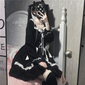 Lolita Long-Sleeved Gothic Skirt Dark Maid Dress Kawaii Waist Bow Girl Black / S Costumes
