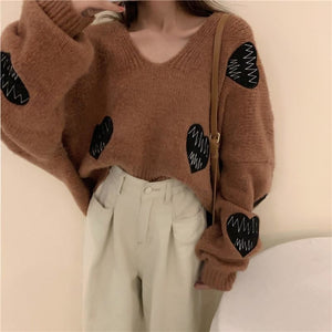 Love Heart Embroidery Ecg Loose Sweater Mp005940 Brown / One Size Sweatshirt