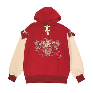 Lucky Tassel Embroidery Frogging Drawstring Hoodie Red / One Size Hoodie