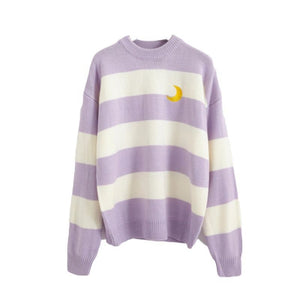 Moon Embroidery Stripe Sweater Mp006162 Purple / One Size Sweatshirt