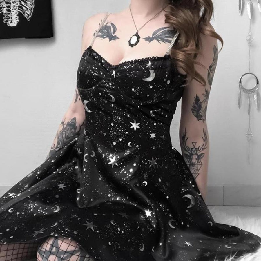 Moon Star Print Chain Strap Dress J40190