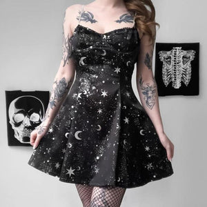 Moon Star Print Chain Strap Dress J40190 Black / S
