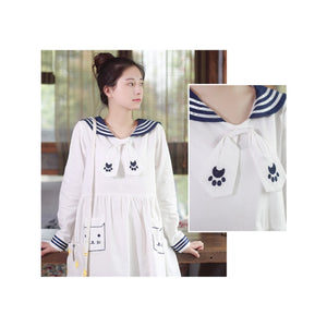 Navy Striped Cat Embroideryed Pocket Dress J40188