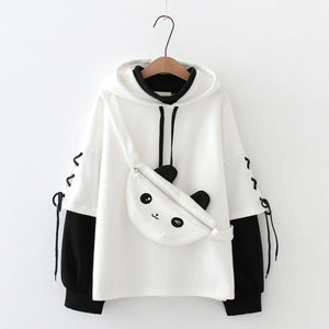 New Student Teen Side Lace Up Fake Two-Piece Cartoon Panda Hoodies Hoodie With Bag / One Size