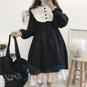 O-Neck High Waist Contrast-Color Ruffled Sweet Lolita Dress Kawaii Clothing J30089