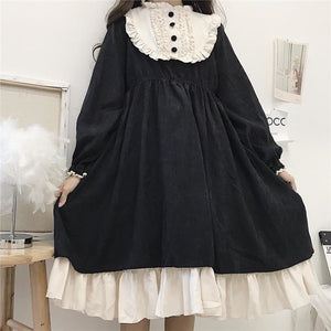 O-Neck High Waist Contrast-Color Ruffled Sweet Lolita Dress Kawaii Clothing J30089 Black / One Size
