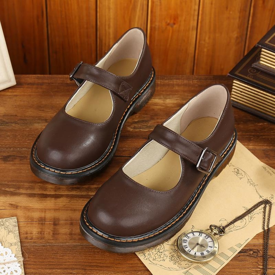 Old-Fashioned Retro Mary Jane Leather Shoes C00128 Brown / 34