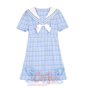 Plaid Sailor Collar Bowknot Dress Xs / Blue