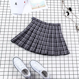 Plaid Uniform A-Line Hight Waist Pleated Skirt C00025 Black / S