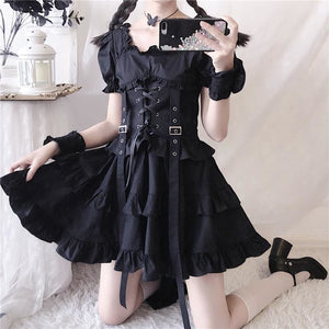 Punk Flattering Pleated Frill Tiered Layered Dress Mp006262 Black / S