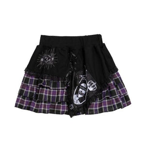 Punk Print Irregular Stitched Lace-Up Mini Cake Lolita Skirt Purple / One Size