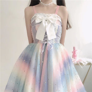 Rainbow Star Bow Lace Up Sweet Tulle Slip Dress J40130