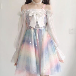 Rainbow Star Bow Lace Up Sweet Tulle Slip Dress J40130 + Outerwear / Xs-S