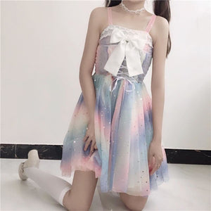Rainbow Star Bow Lace Up Sweet Tulle Slip Dress J40130 + / Xs-S