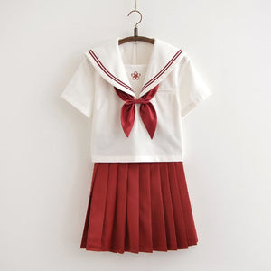Red Sakura Blossom Embroidered Sailor School Uniform J40129 Short Sleeve / S