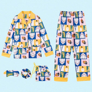 Retro Cartoon Plaid Print Pajama 7 Pieces Set Leisure Wear Pajamas