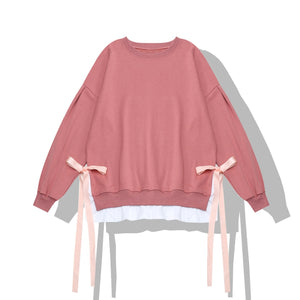 Ribbon Bow Fake Two-Piece Sweatshirt Pink / One Size