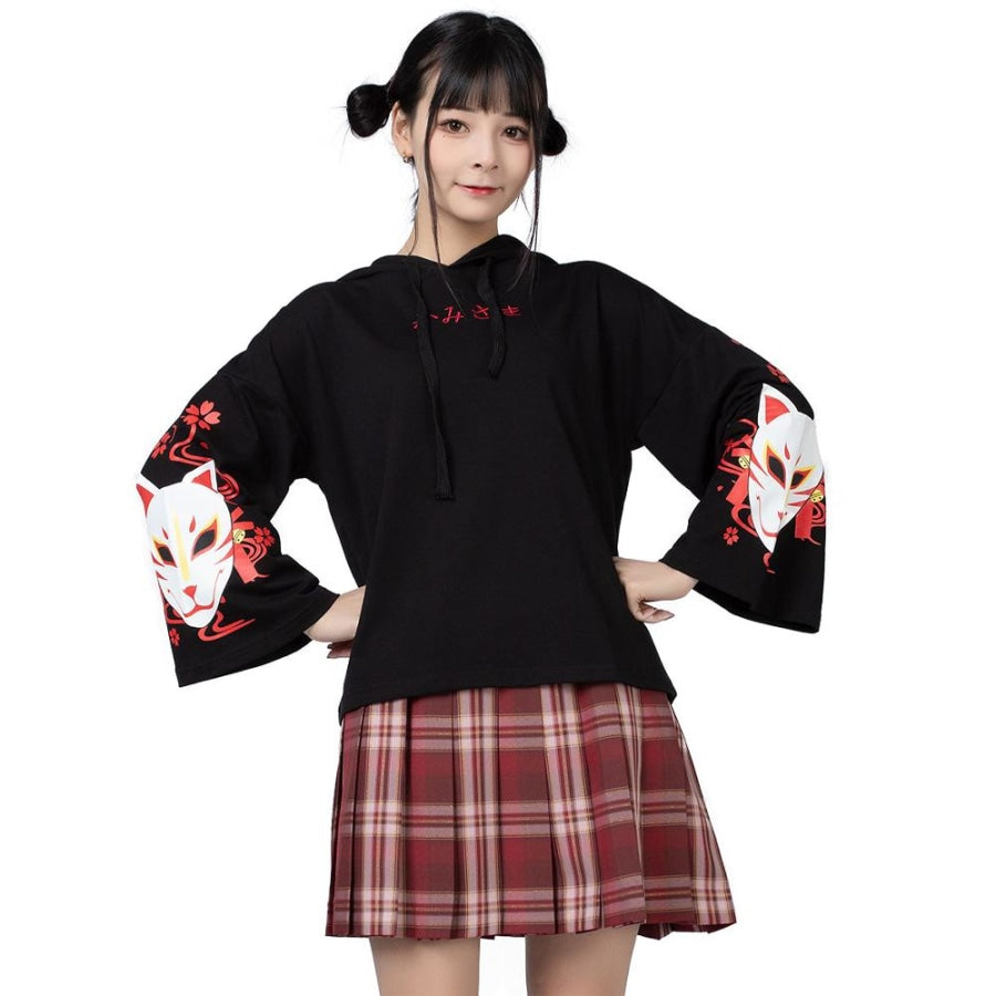 Sakura Fox Mask Print Drawstring Hoodie Mp006002 Black / One Size Sweatshirt