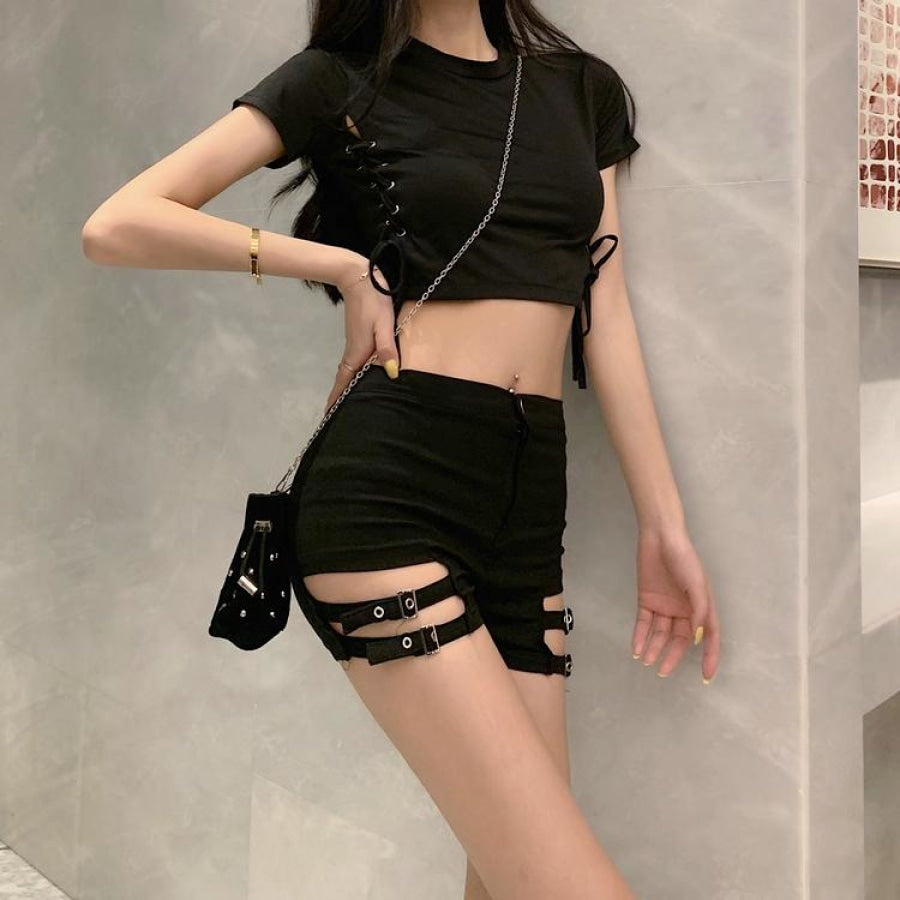 Sexy Look Slim Bar Disco Hot Pants Side Laced Up T-shirt Summer