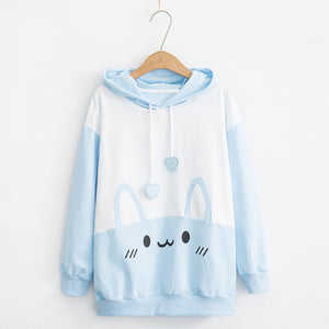 Shy Rabbit Print Hoodie Sweatshirt Blue / M