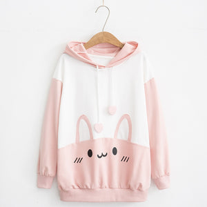 Shy Rabbit Print Hoodie Sweatshirt Pink / M