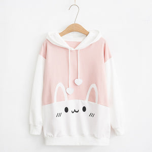 Shy Rabbit Print Hoodie Sweatshirt White / M
