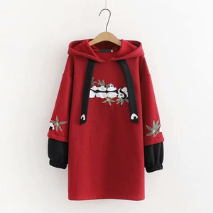 Side Slit Panda Embroidery Hooded Straight Dress Red / S Sweatshirt