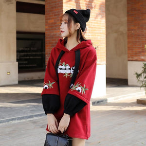 Side Slit Panda Embroidery Hooded Straight Dress Sweatshirt