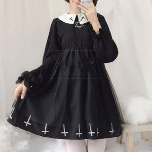 Simple Fashion Cross Print Lolita Tulle Dress Black Long Sleeve / S